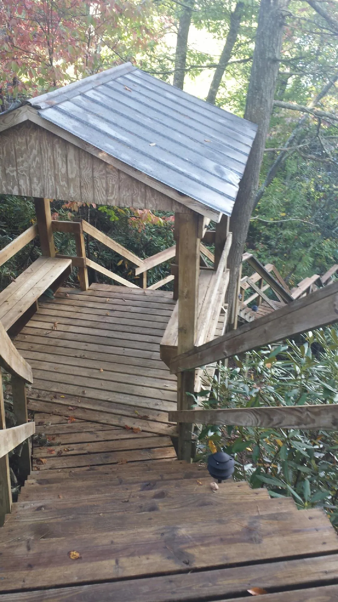 Metal roofed shelter over wooden steps on a wooded walkway — Skylight Repair & Installation work by our crew in Puryear