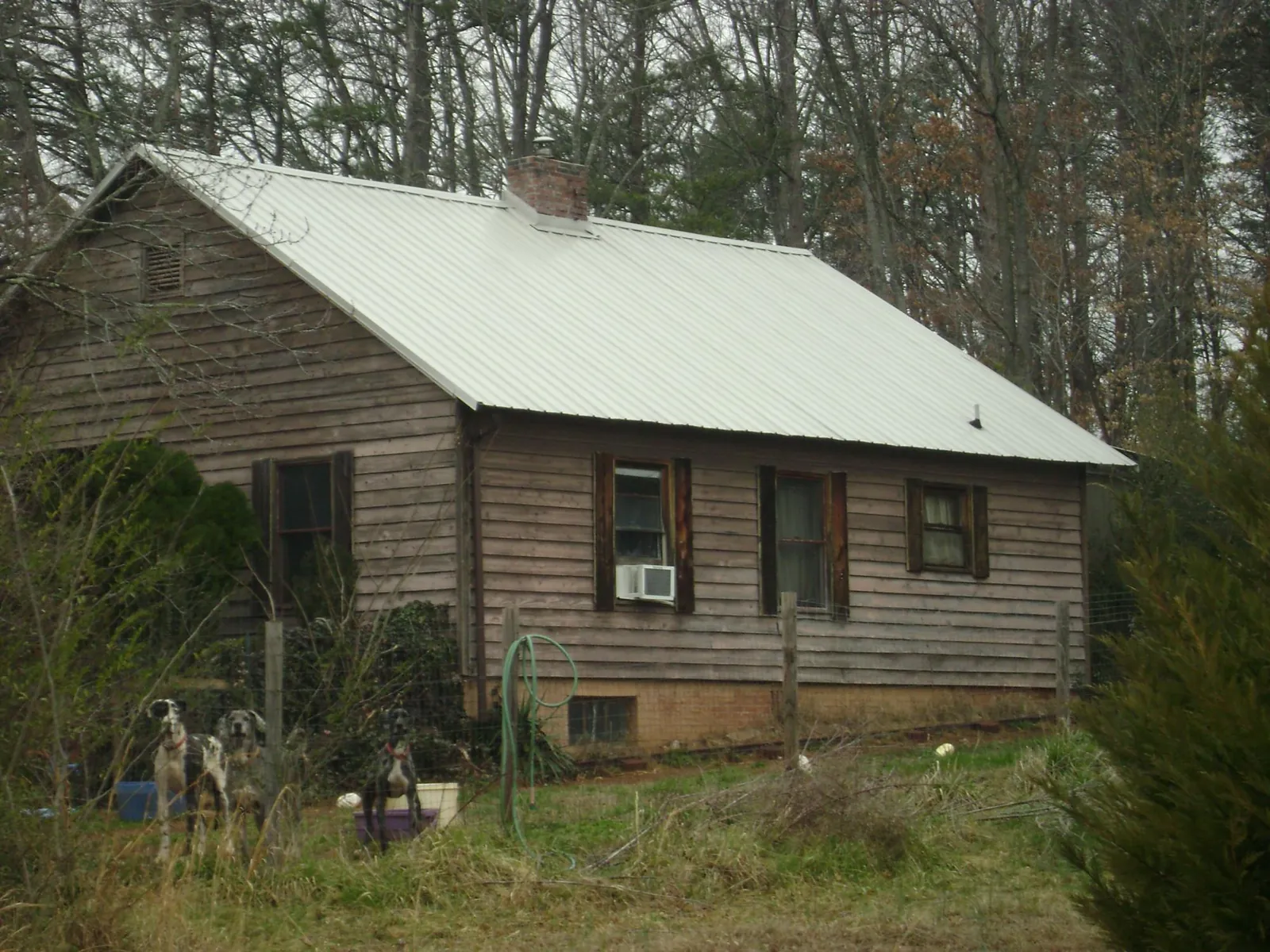 White metal roof on an old wood sided farmhouse, from a Asphalt Shingle Roof Repair job in Puryear